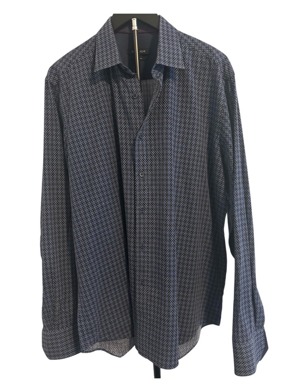 Bugatchi Navy Microprint Long-Sleeve Dress Shirt Classic Fit 100% Cotton